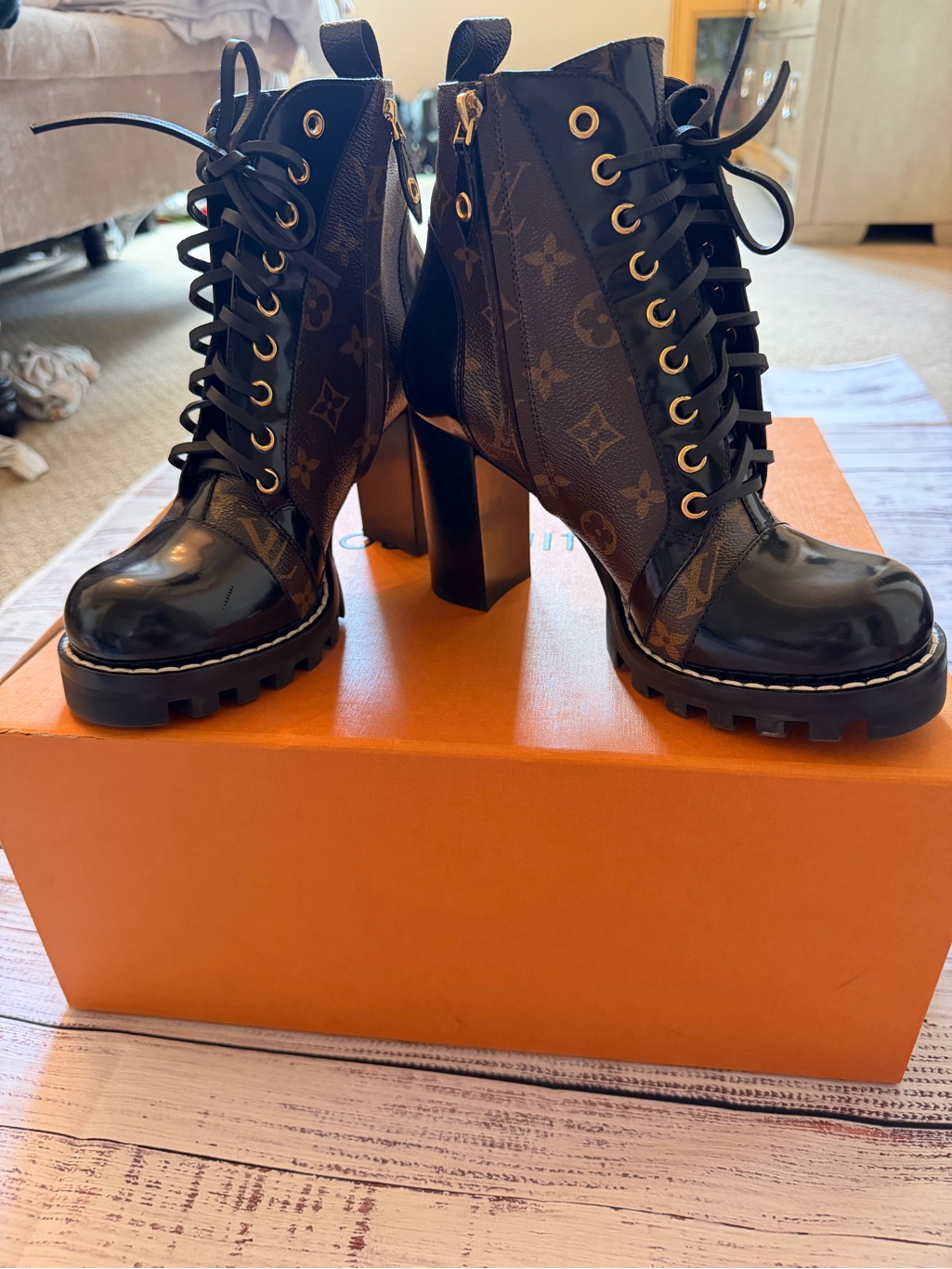 Louis Vuitton Black Monogram Lace-Up Patent Combat Heels